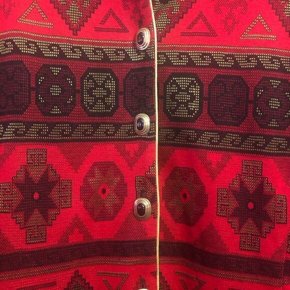 Vintage Tina Barrie Aztec Print Red/Black Gold Buttons Jacket Women’s Sz 16 - Picture 2 of 4